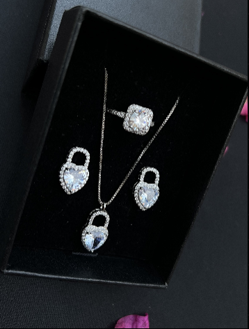 4-pieces silver color Lock shape Neckless Ring and Earrings jewelry set